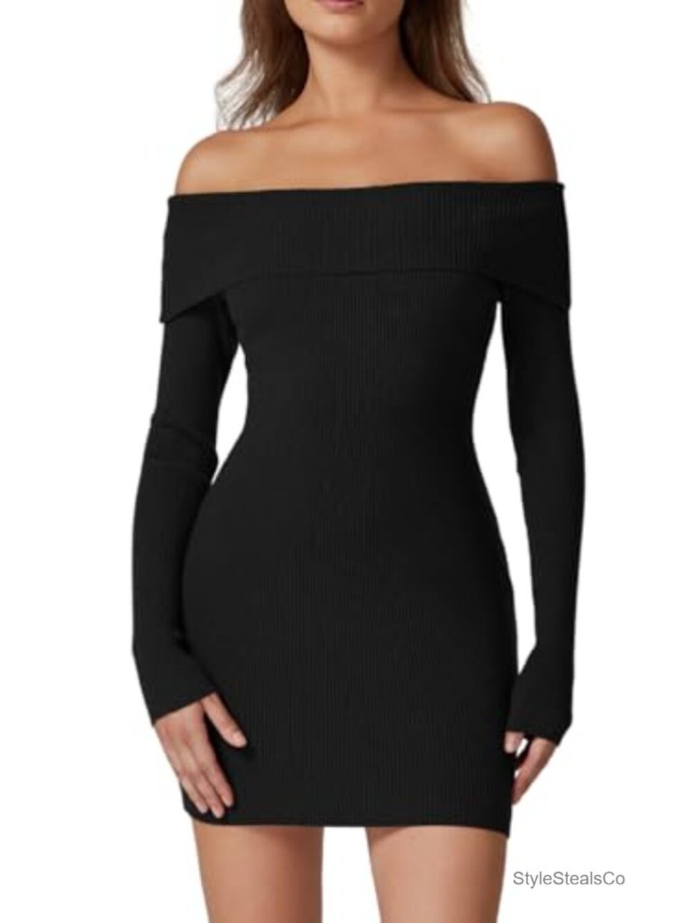 Off Shoulder Ribbed Knit Mini Sweater Dress Long Sleeve Bodycon